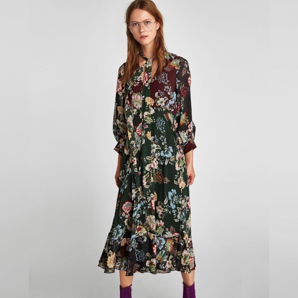 Zara Floral Tie Neck Midi Dress